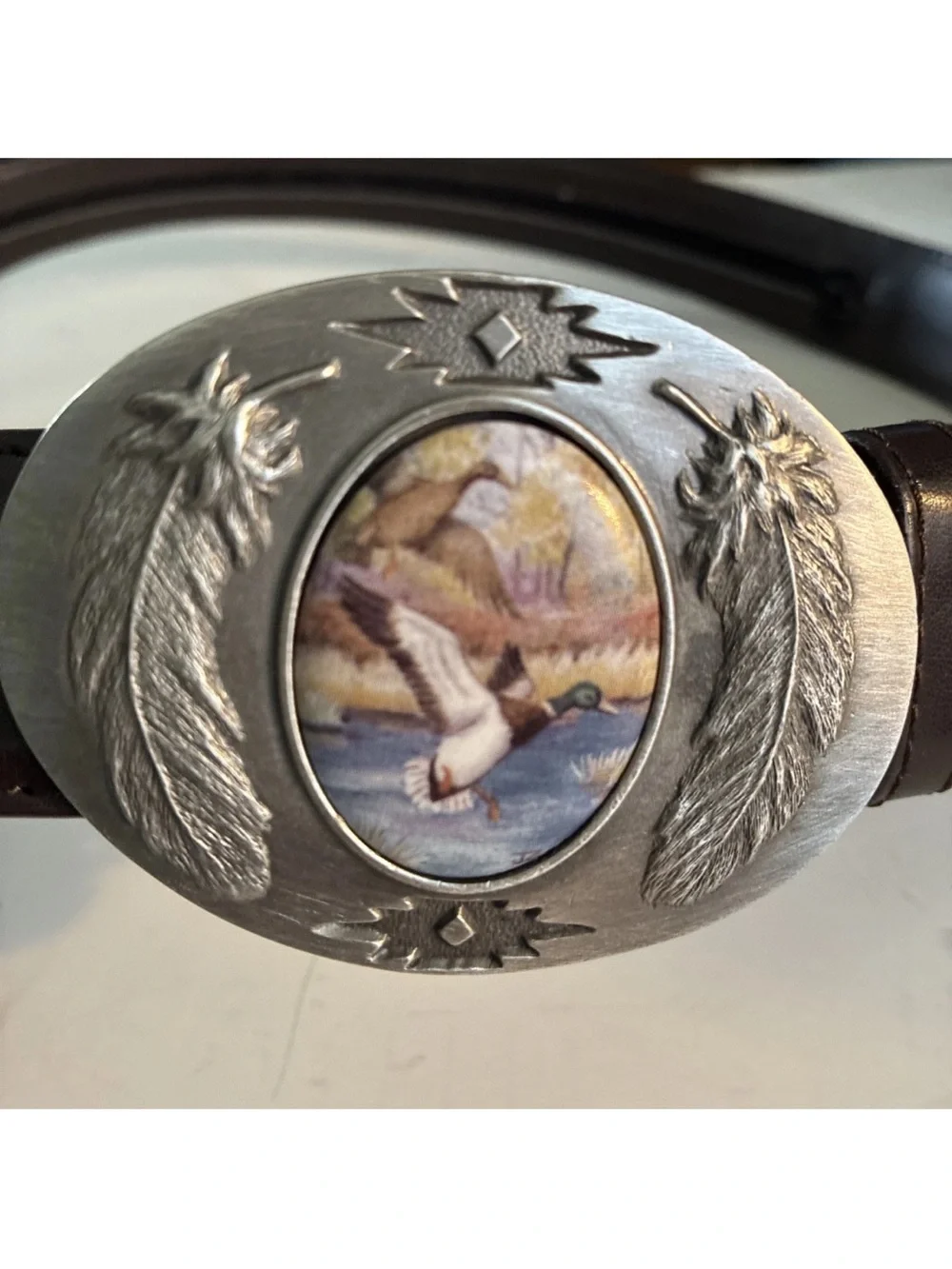 Vtg Leather Belt Julie Zsupnik Porcelain mallard ducks Belt Buckle 33W 1.5width